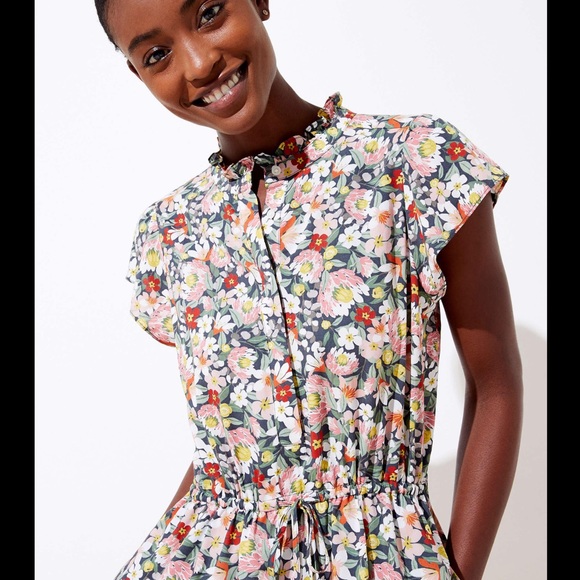 LOFT Gray Ruffle Floral Ruffle Drawstring Dress - Picture 2 of 10